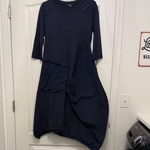 Asymmetric Navy Midi Dress with 3/4 Sleeves and Patch Pockets